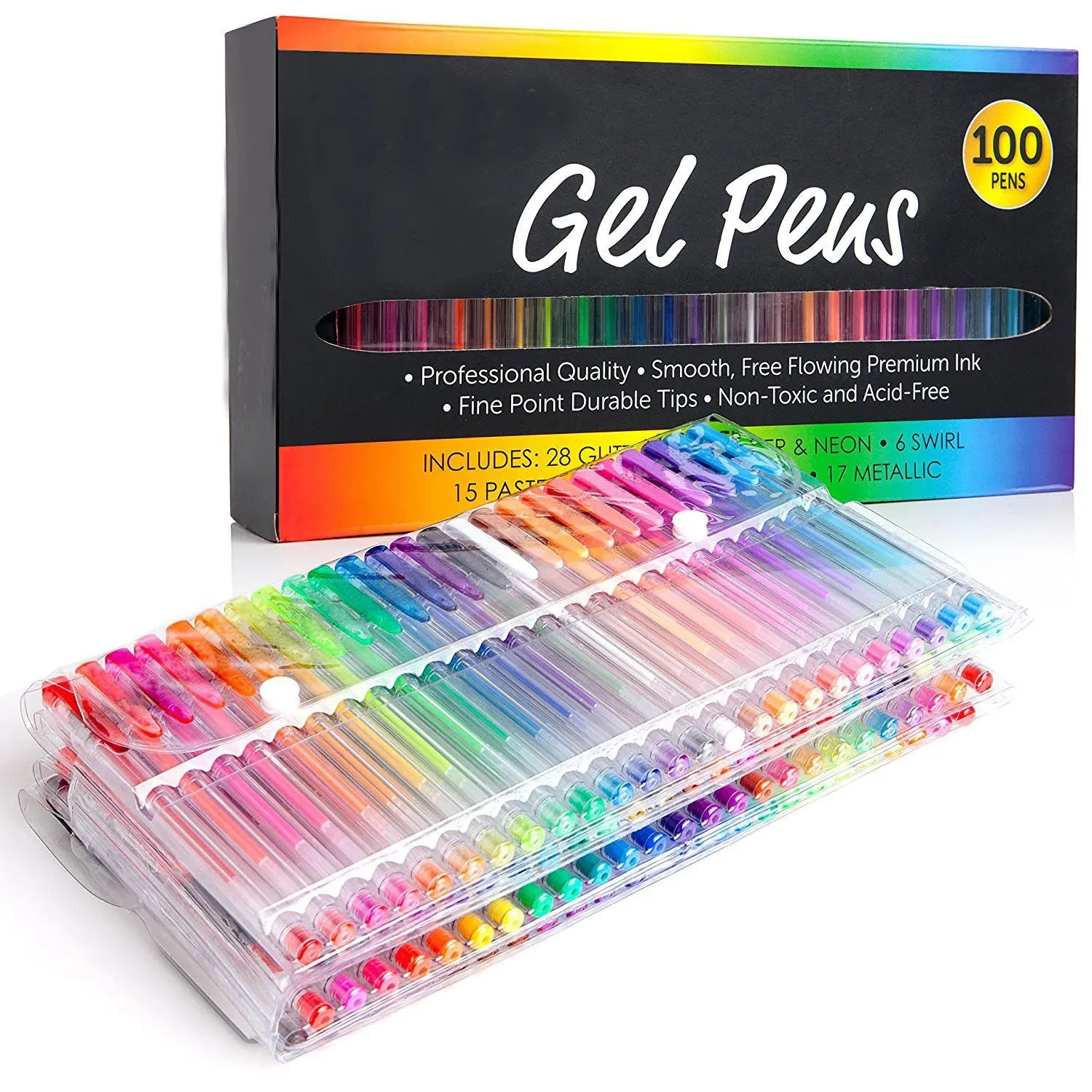 100 Gel Pens Colouring Set Glitter Neon Pastel Metallic Fine Tips
