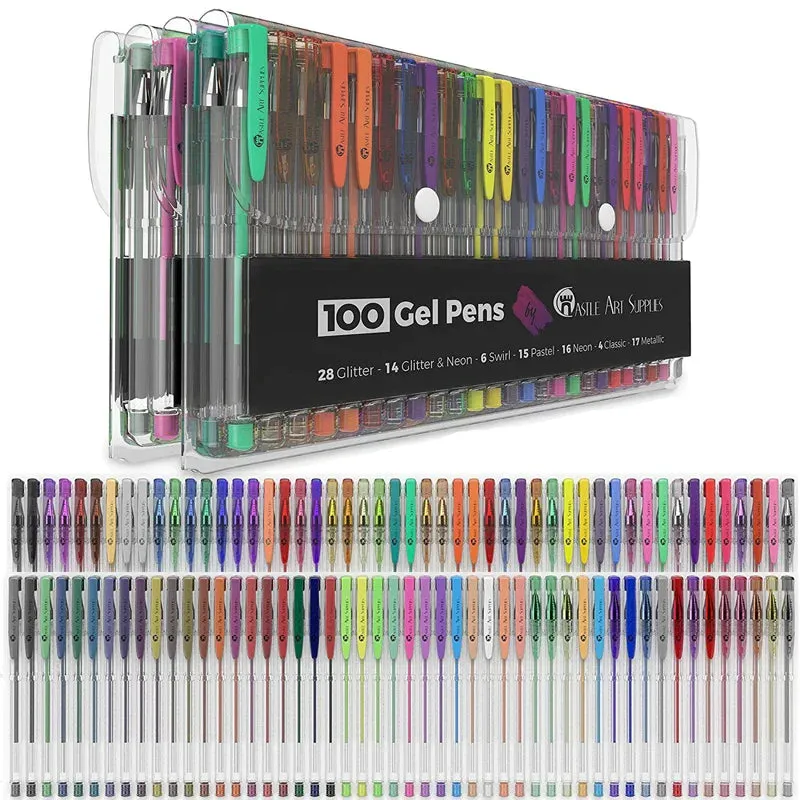 100 Gel Pens Colouring Set Glitter Neon Pastel Metallic Fine Tips