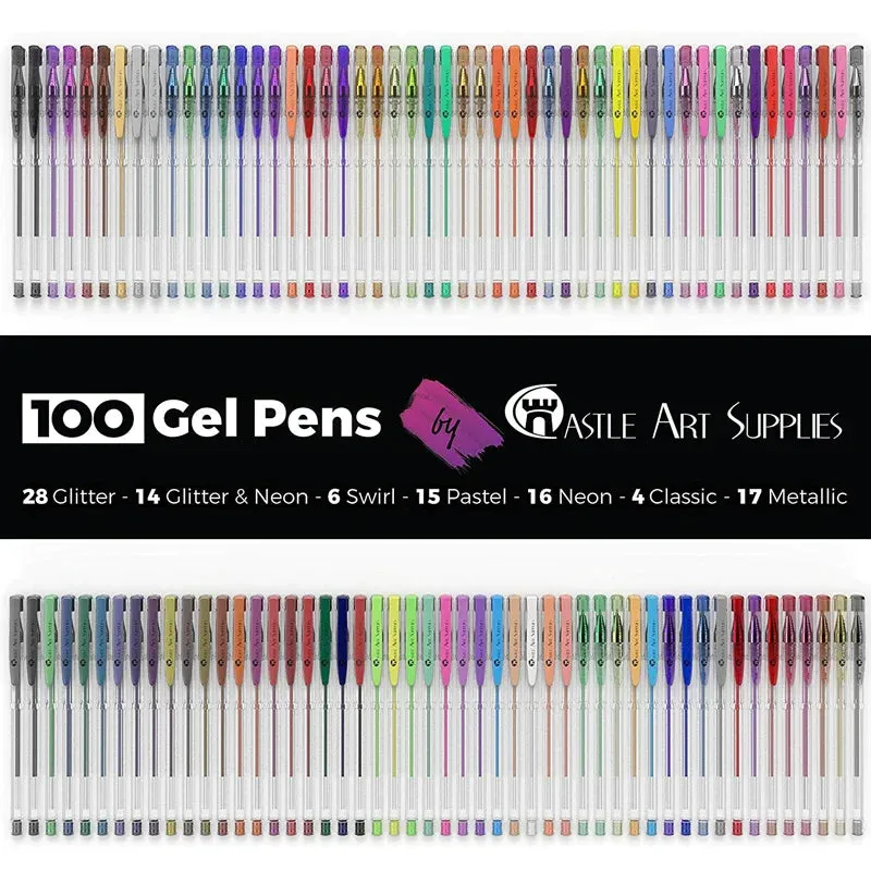 100 Gel Pens Colouring Set Glitter Neon Pastel Metallic Fine Tips