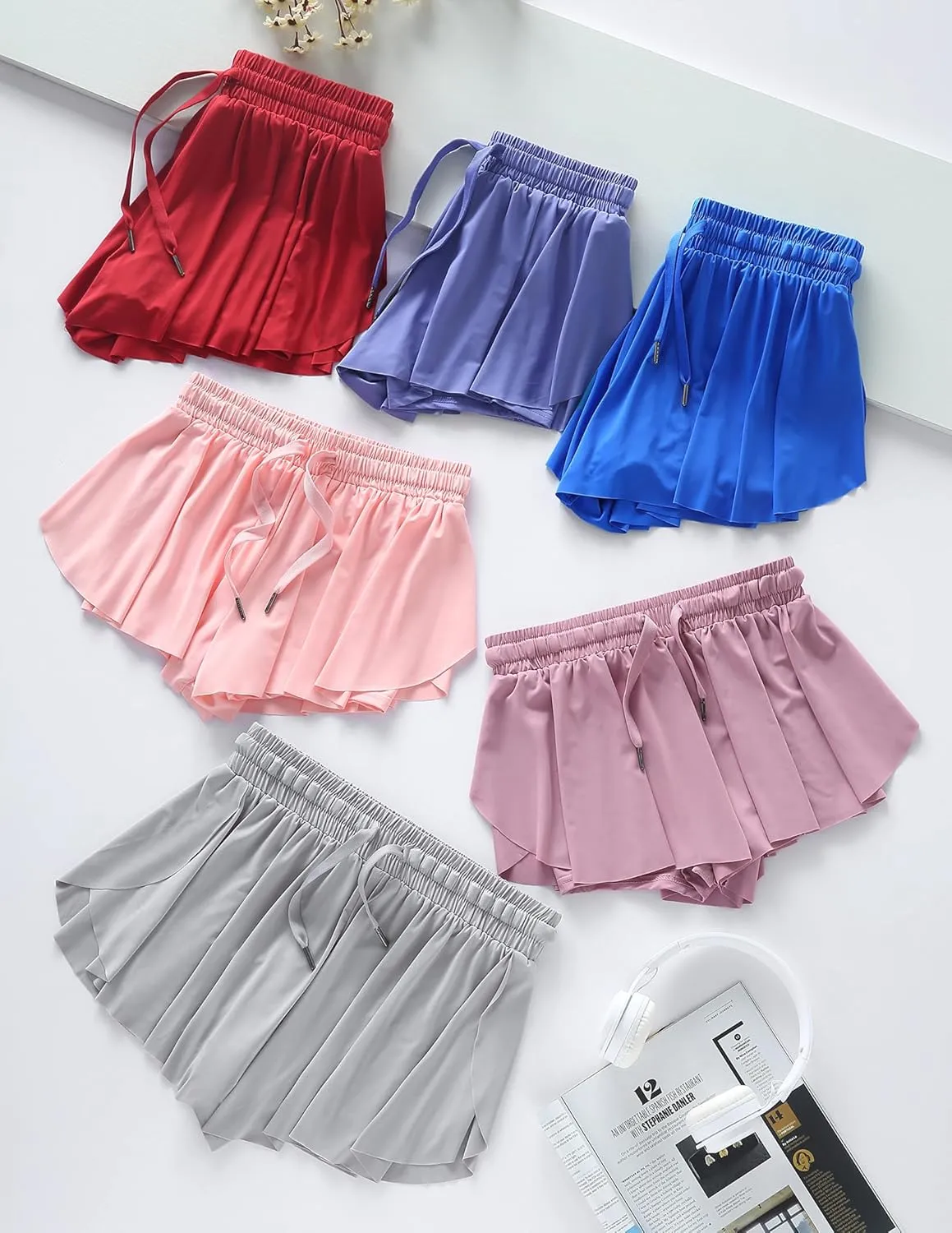 3 Pack Womens Flowy Running Shorts, 2-in-1 Butterfly Skirts with Shorts Underneath Spandex Athletic Casual Gym Workout Lounge