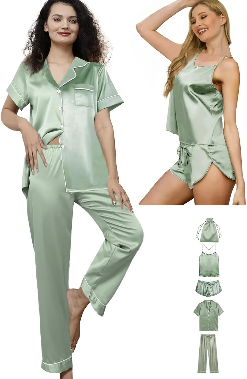 5Pcs Silk Satin Pajamas Set for Women Silky Cami Pjs Sets Sexy Lingerie Womens Pajama Sets Loungewear Sleepwear