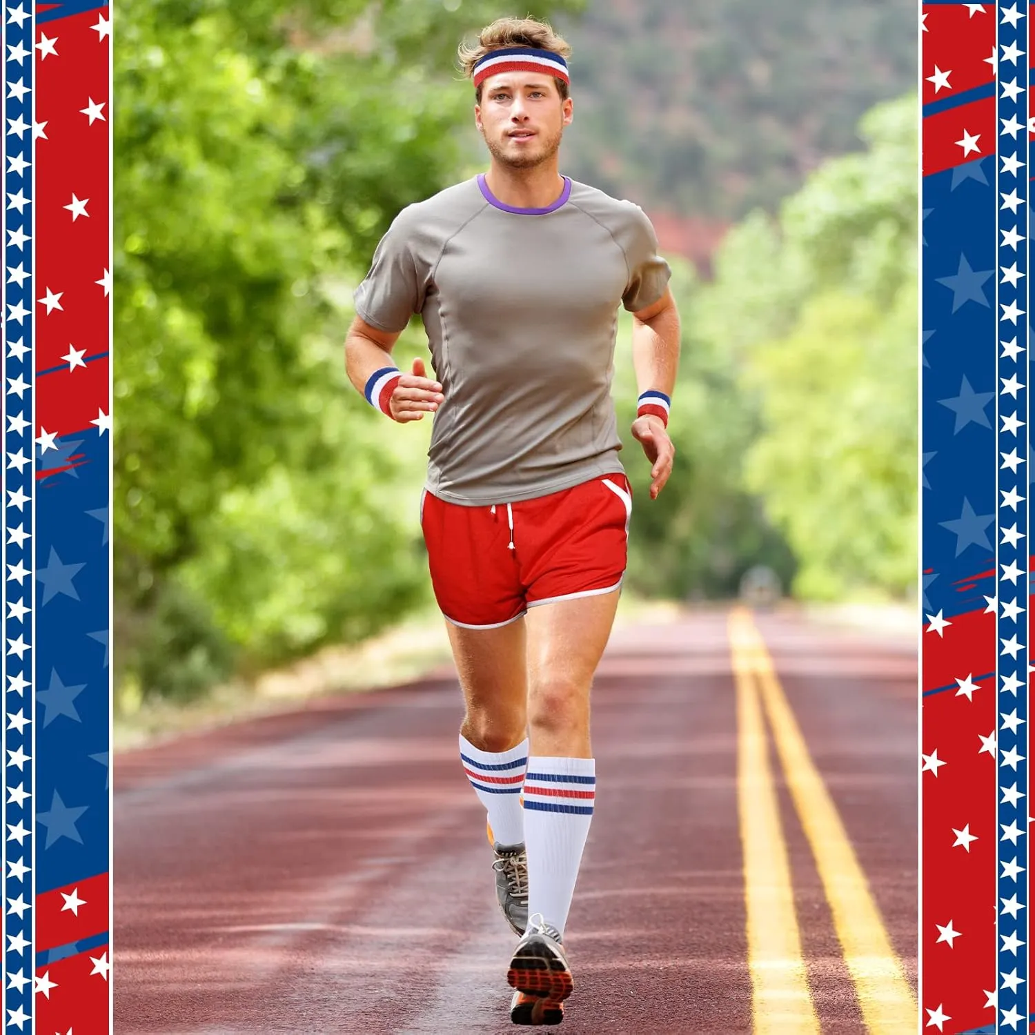6 Pcs 80s Costume for Men 90s Workout Outfit Set Including Shorts Striped Sweatbands Headband Socks