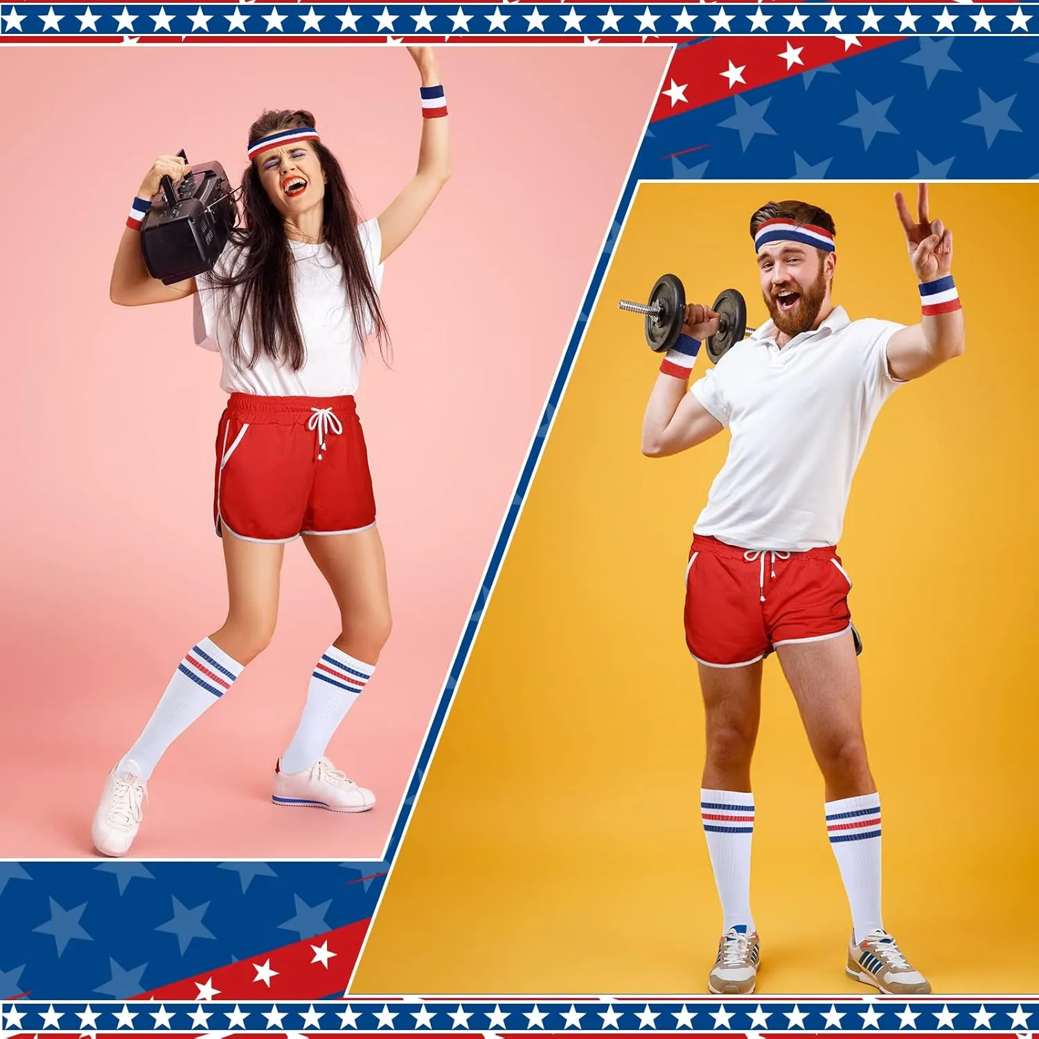 6 Pcs 80s Costume for Men 90s Workout Outfit Set Including Shorts Striped Sweatbands Headband Socks