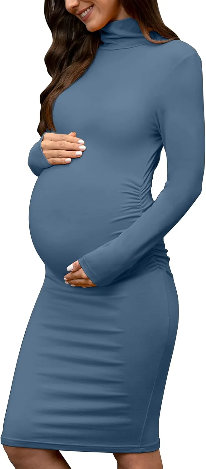 abkylie Turtleneck Long Sleeve Maternity Dress with Side Ruched/Knee Length Pregnancy Dress Fall Photoshoot Daily