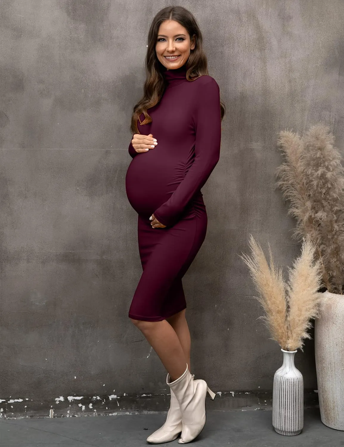 abkylie Turtleneck Long Sleeve Maternity Dress with Side Ruched/Knee Length Pregnancy Dress Fall Photoshoot Daily