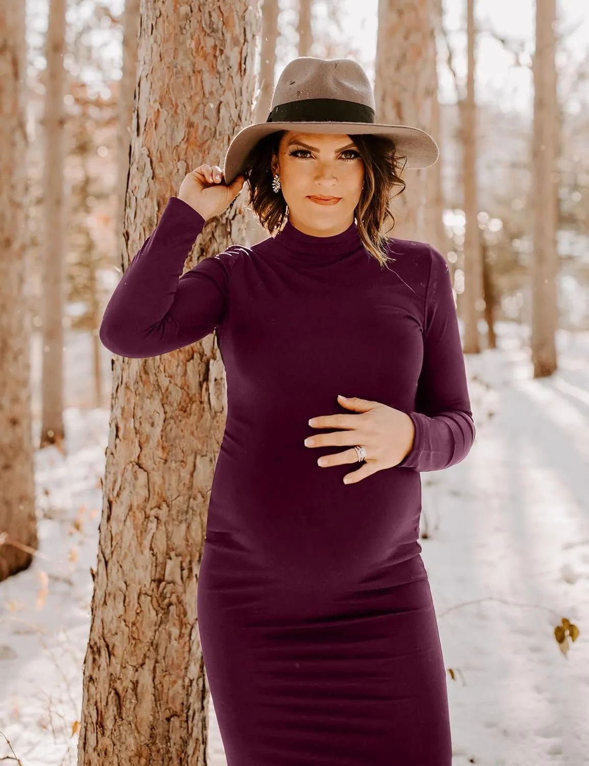 abkylie Turtleneck Long Sleeve Maternity Dress with Side Ruched/Knee Length Pregnancy Dress Fall Photoshoot Daily