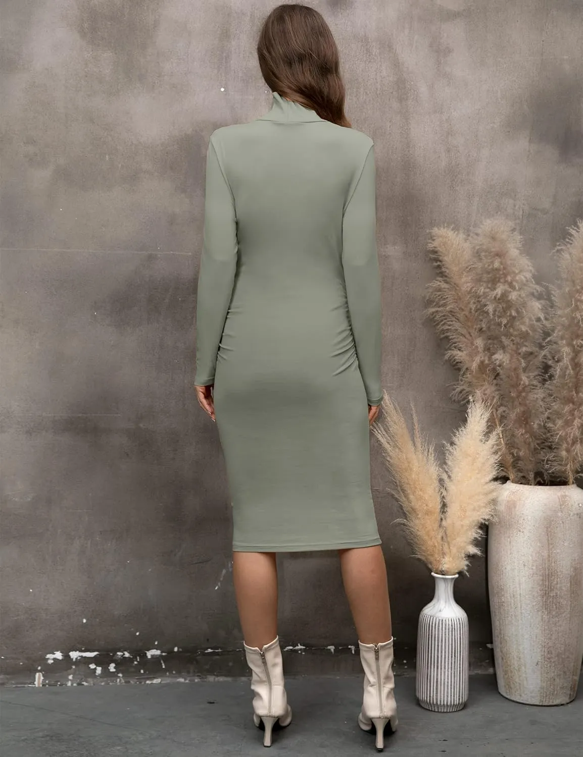 abkylie Turtleneck Long Sleeve Maternity Dress with Side Ruched/Knee Length Pregnancy Dress Fall Photoshoot Daily