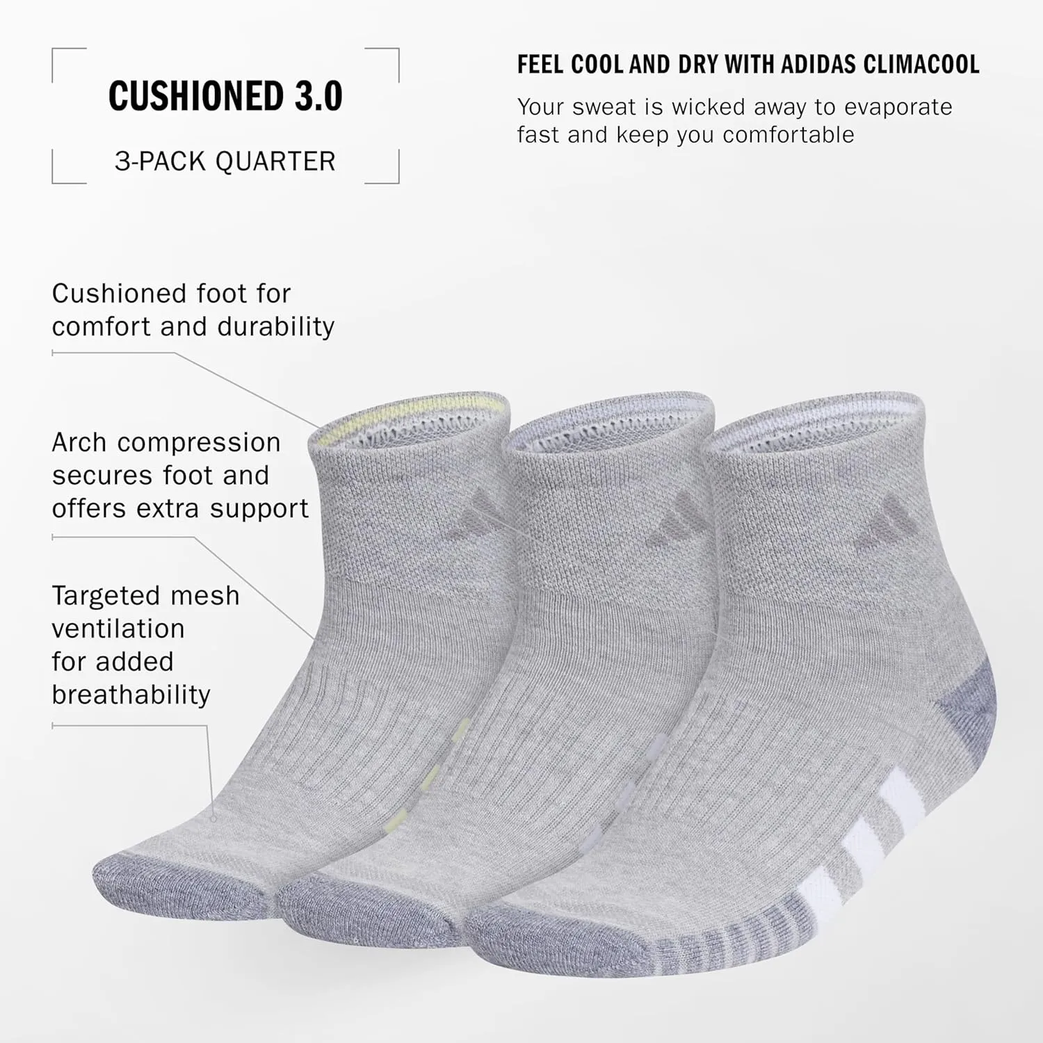 adidas Women's Cushioned Quarter Socks (3-pair) With Arch Compression