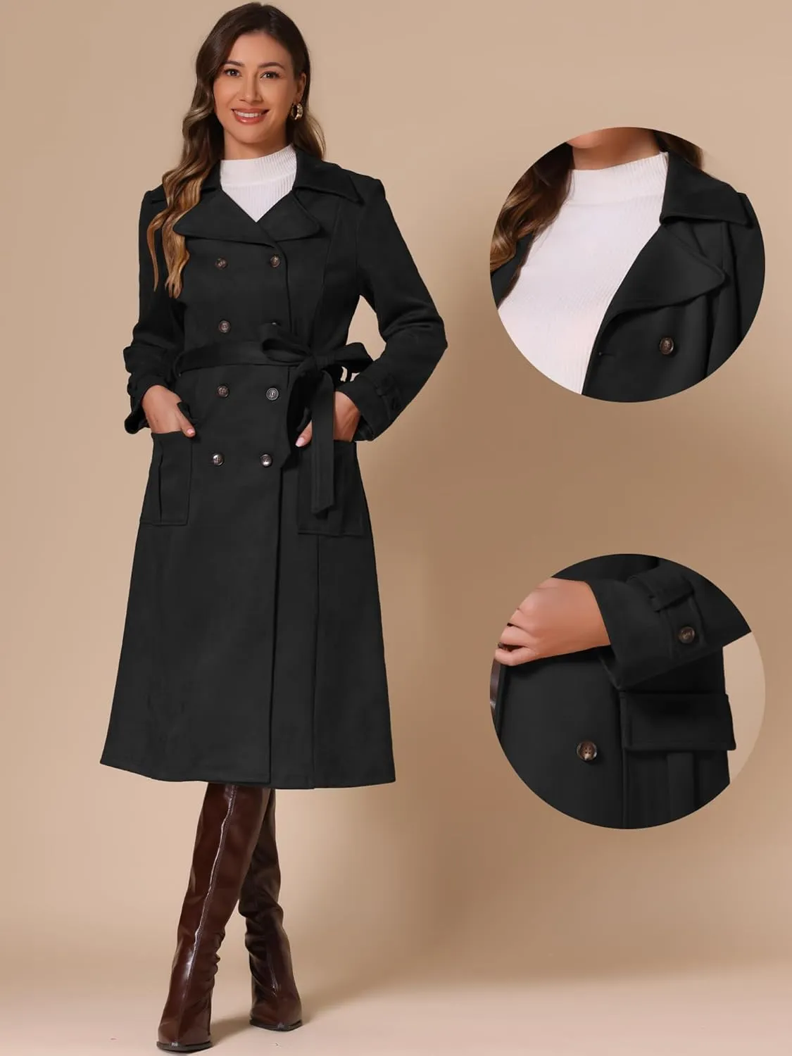Allegra K Faux Suede Trench Coat for Women's Notched Lapel Double Breasted Belted Long Sleeve Coats