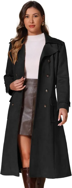 Allegra K Faux Suede Trench Coat for Women's Notched Lapel Double Breasted Belted Long Sleeve Coats
