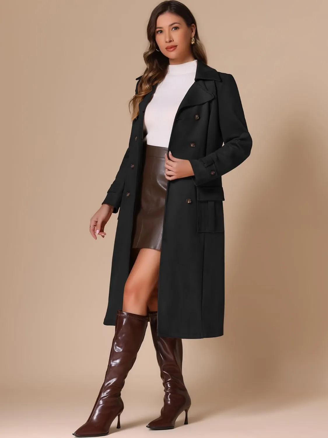 Allegra K Faux Suede Trench Coat for Women's Notched Lapel Double Breasted Belted Long Sleeve Coats