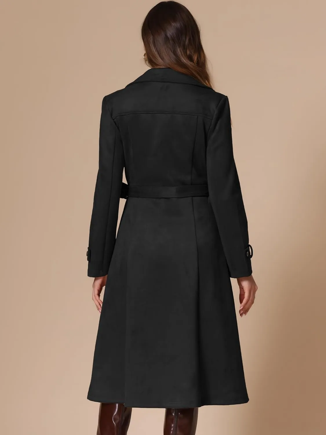 Allegra K Faux Suede Trench Coat for Women's Notched Lapel Double Breasted Belted Long Sleeve Coats
