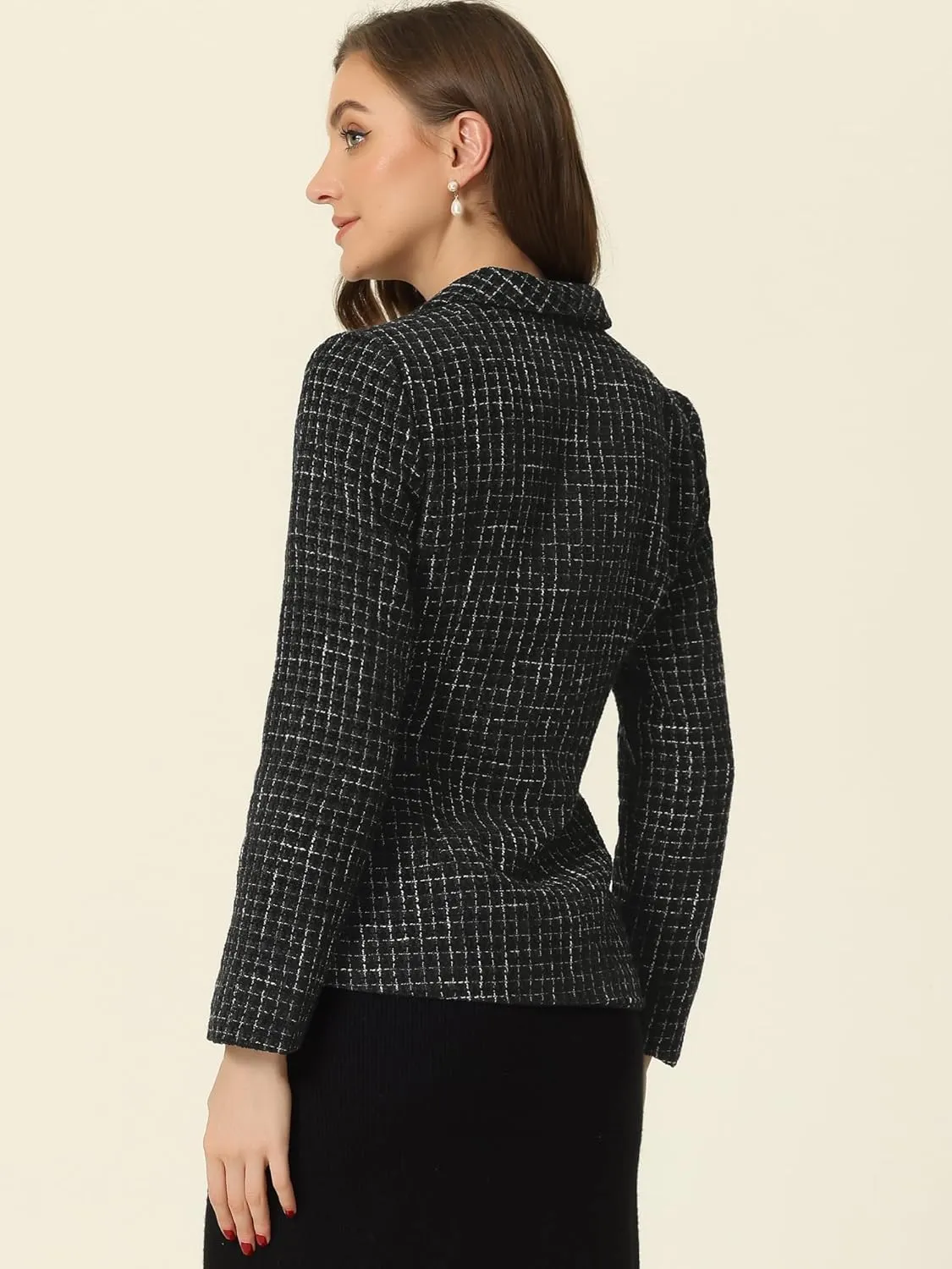 Allegra K Tweed Blazer for Women's Notch Lapels Double Breasted Plaid Jacket Work Office Blazer