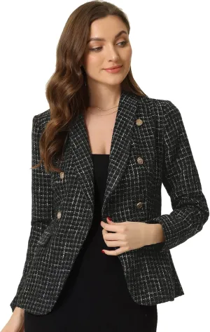 Allegra K Tweed Blazer for Women's Notch Lapels Double Breasted Plaid Jacket Work Office Blazer
