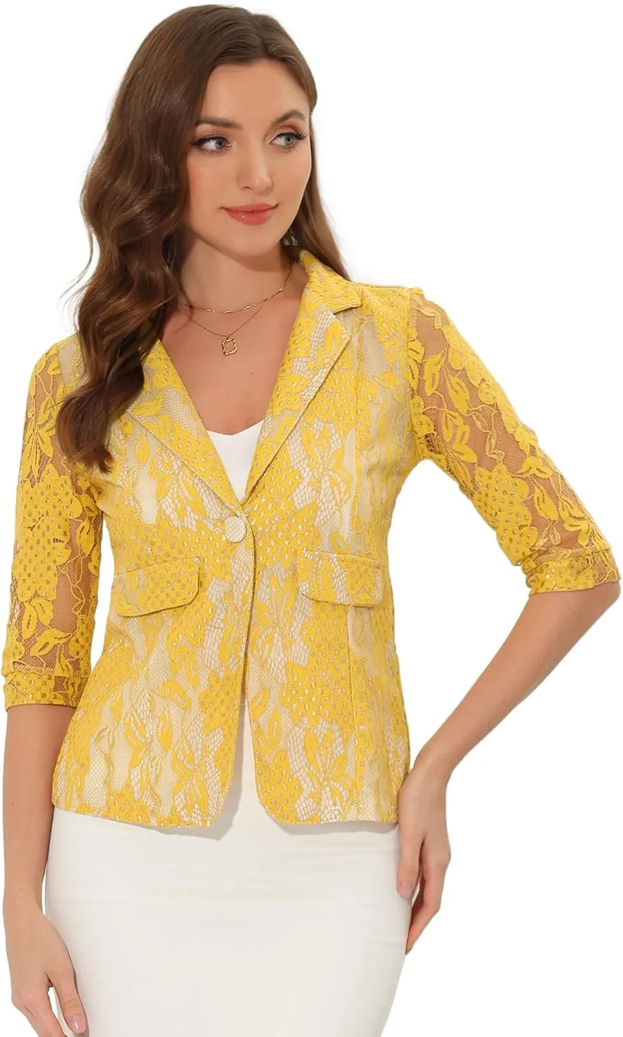 Allegra K Women's Bussiness Casual Blazers Floral Lace 3/4 Sleeve Single Button Elegant Blazer Suits