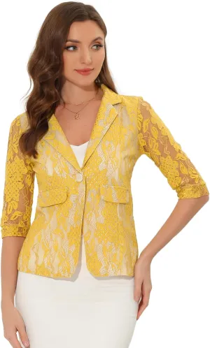 Allegra K Women's Bussiness Casual Blazers Floral Lace 3/4 Sleeve Single Button Elegant Blazer Suits
