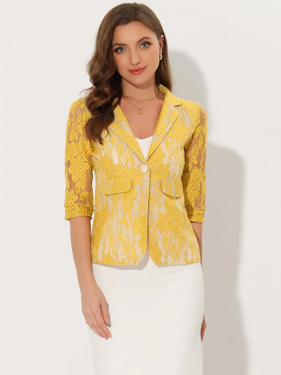 Allegra K Women's Bussiness Casual Blazers Floral Lace 3/4 Sleeve Single Button Elegant Blazer Suits