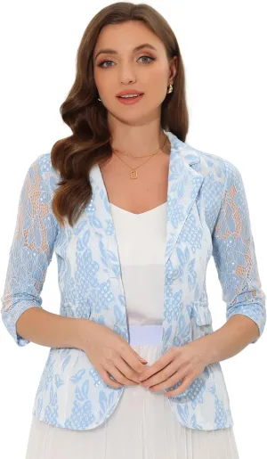 Allegra K Women's Bussiness Casual Blazers Floral Lace 3/4 Sleeve Single Button Elegant Blazer Suits