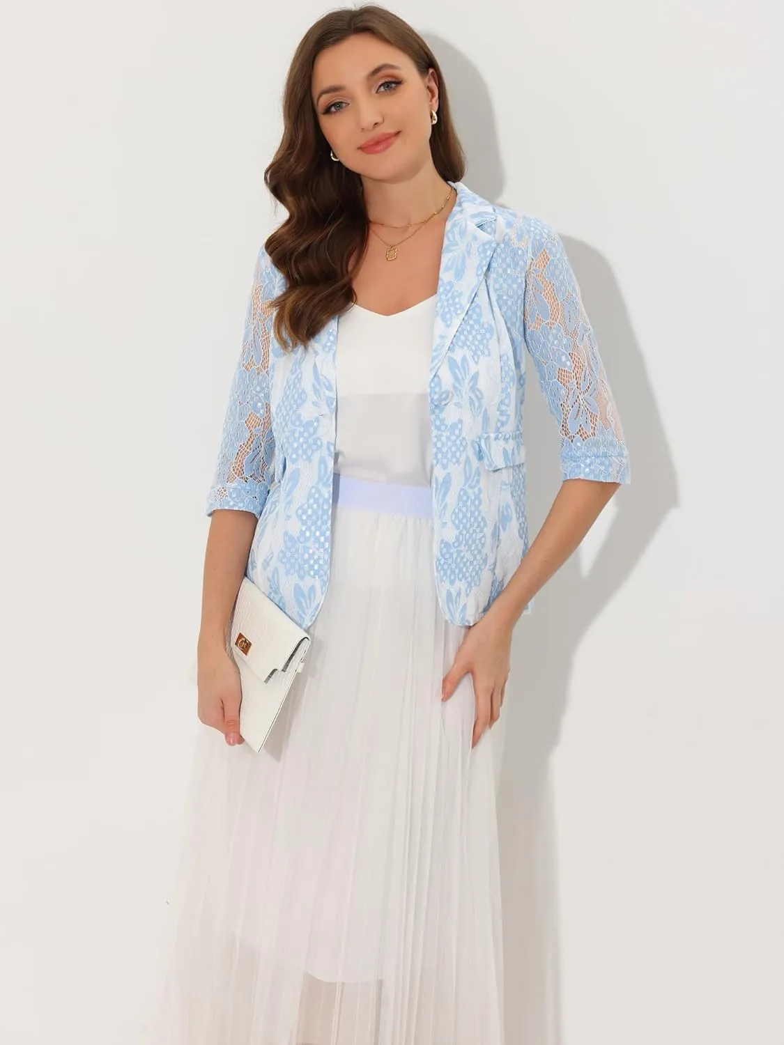 Allegra K Women's Bussiness Casual Blazers Floral Lace 3/4 Sleeve Single Button Elegant Blazer Suits