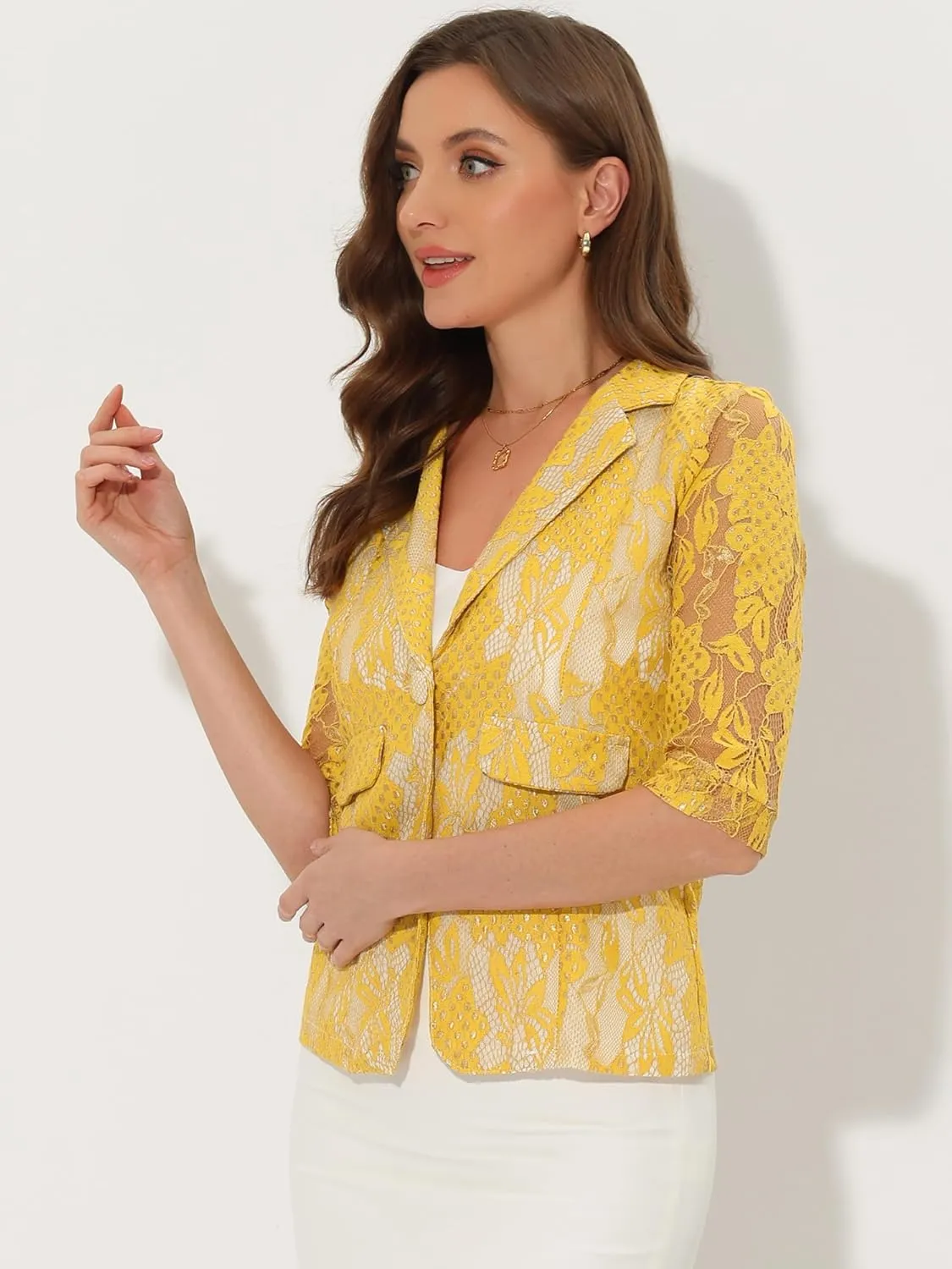 Allegra K Women's Bussiness Casual Blazers Floral Lace 3/4 Sleeve Single Button Elegant Blazer Suits