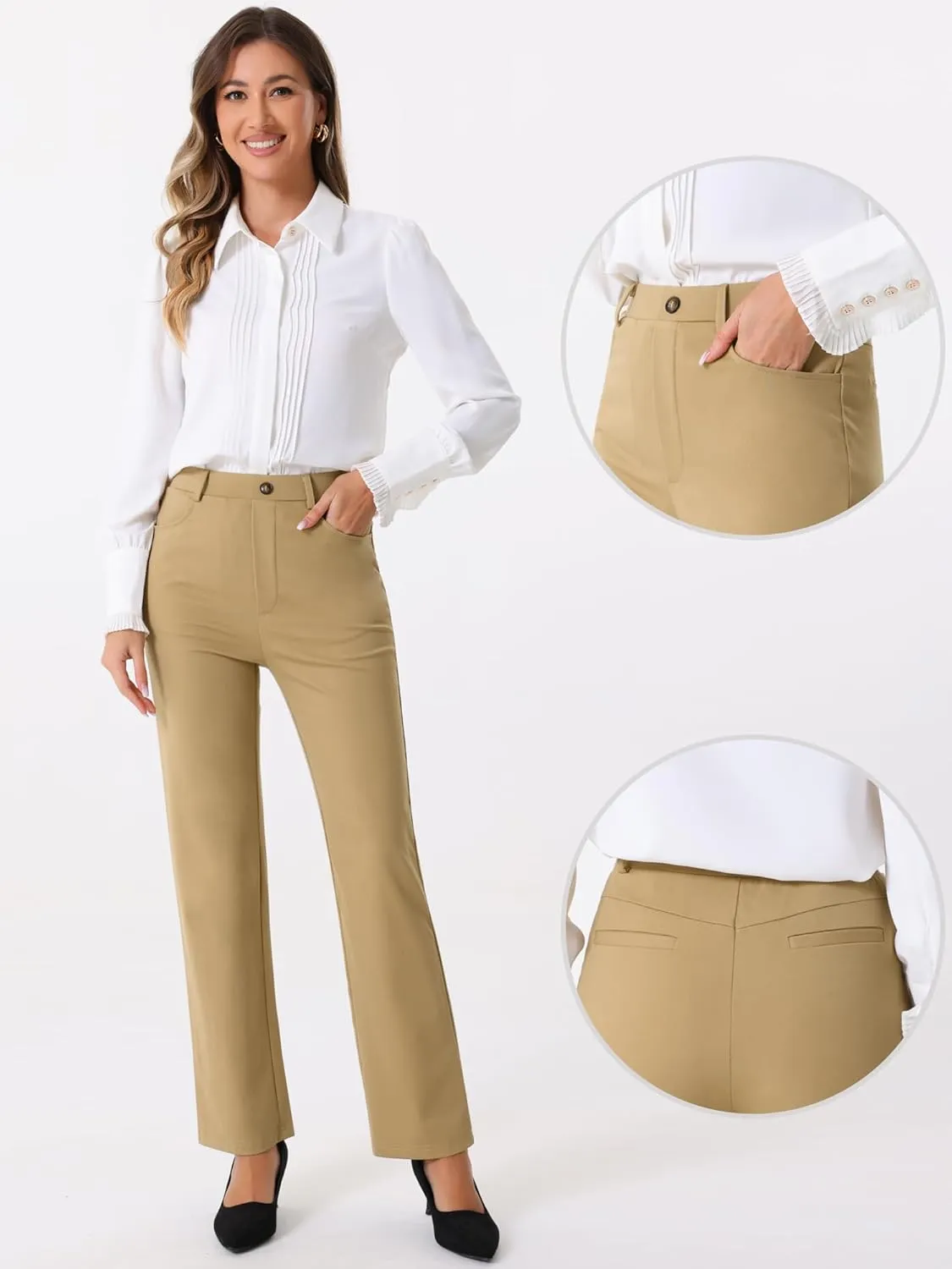 Allegra K Work Pants for Women's High Waist Straight Slacks Yoga Stretch Business Work Trousers