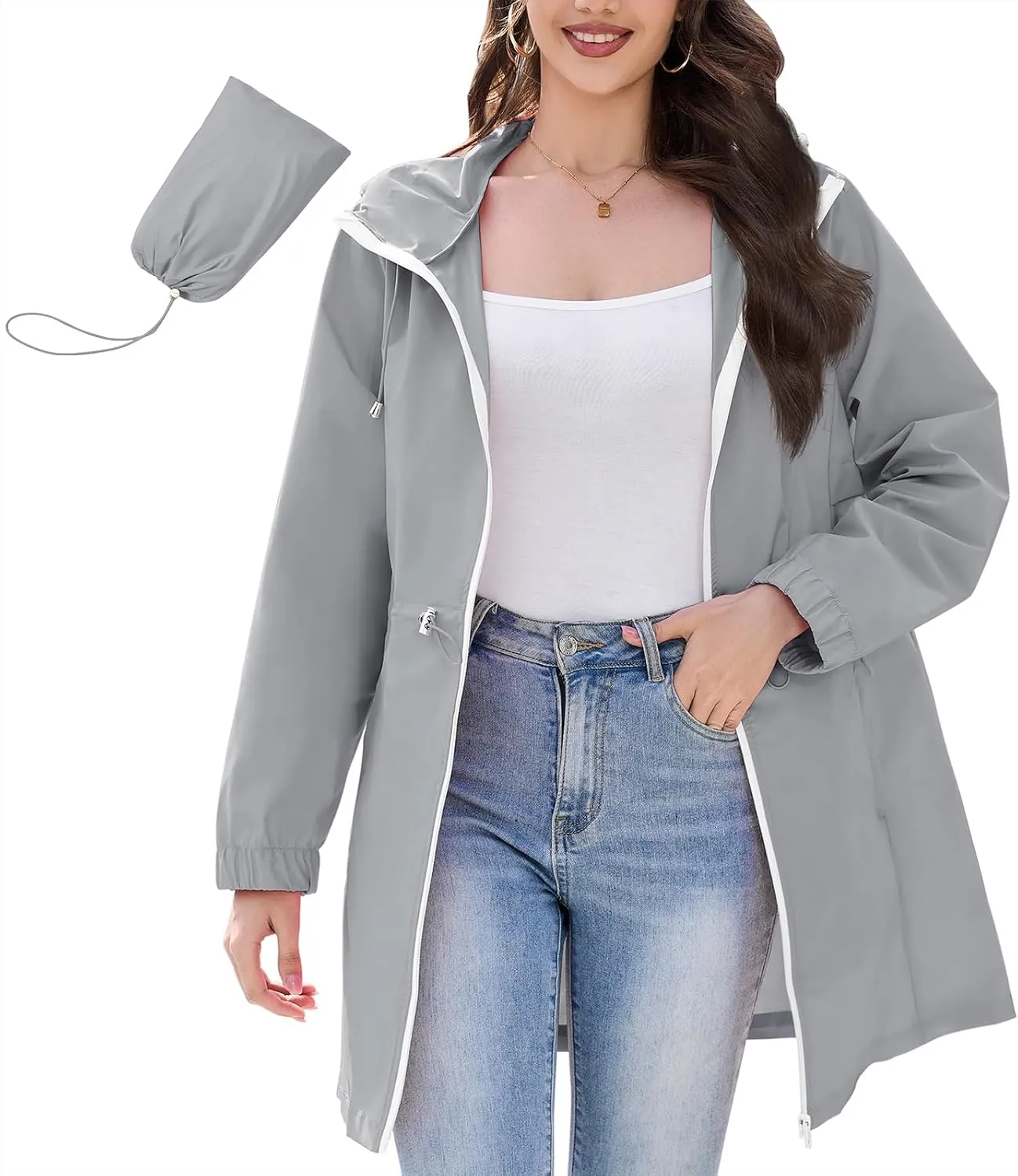 American Trends Rain Jacket Women Waterproof Packable Raincoats for Women Long Rain Coats Windbreaker