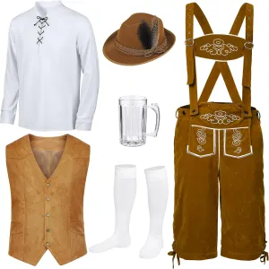 AOTHSO 6 Pack Men's German Oktoberfest Costume Set Authentic German Lederhosen Shirt Bavarian Vest Socks Beer Mug Alpine Hat