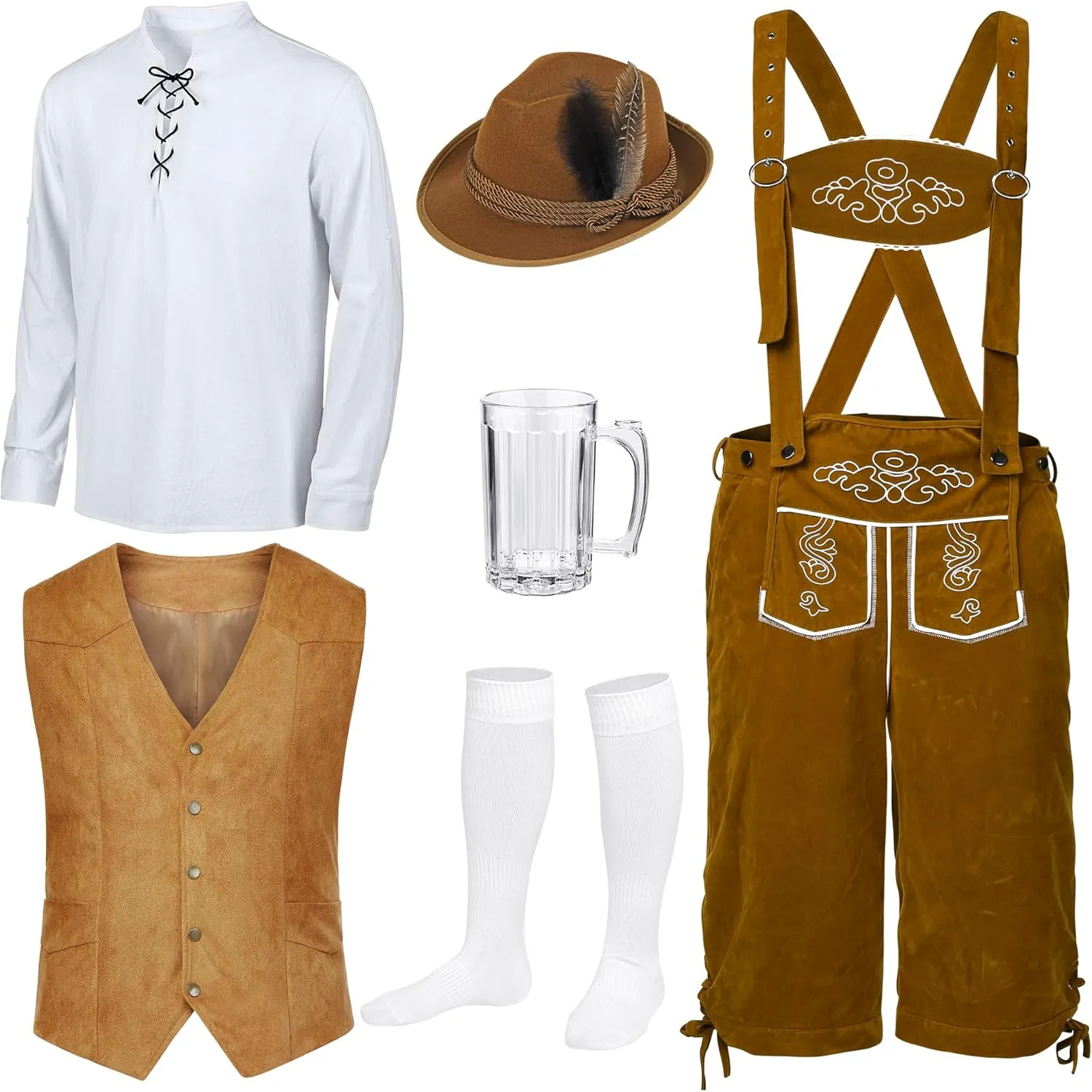 AOTHSO 6 Pack Men's German Oktoberfest Costume Set Authentic German Lederhosen Shirt Bavarian Vest Socks Beer Mug Alpine Hat