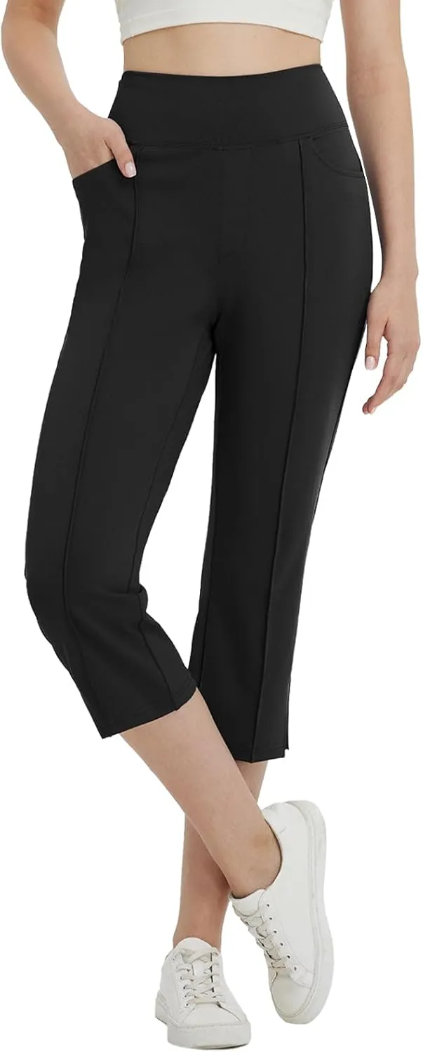 baleaf Womens Capri Yoga Pants with 4 Pockets Capris Leggings Dressy Casual Stretch Crop Lounge Straight Open Bottom Summer