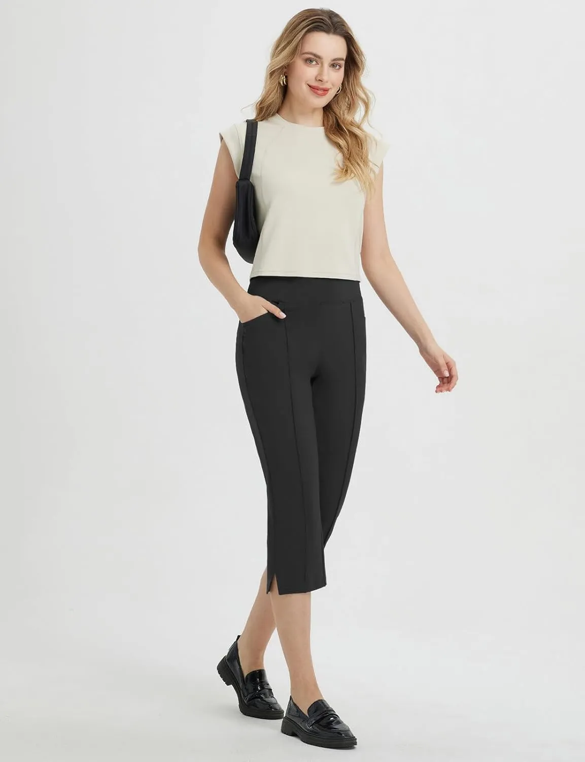 baleaf Womens Capri Yoga Pants with 4 Pockets Capris Leggings Dressy Casual Stretch Crop Lounge Straight Open Bottom Summer