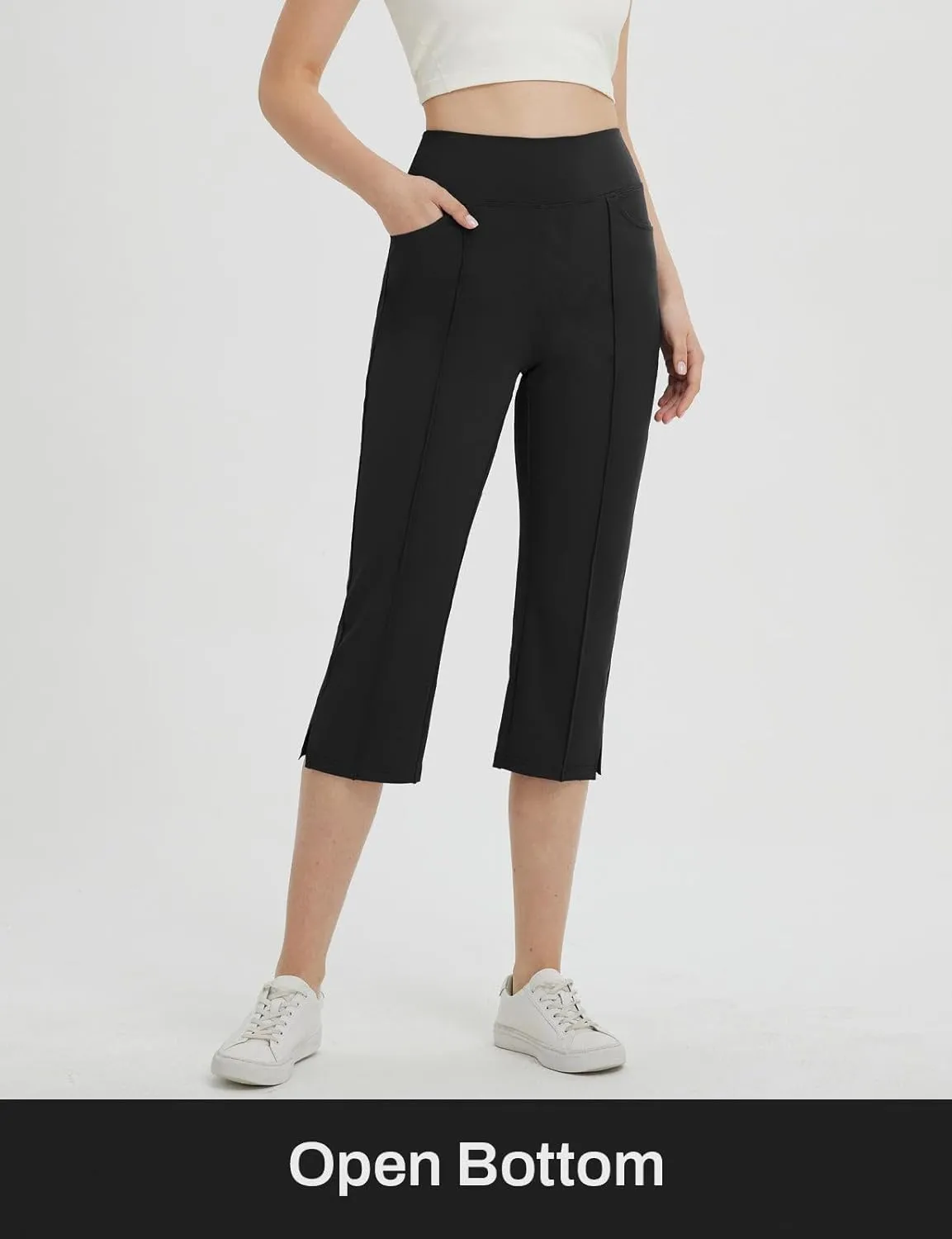 baleaf Womens Capri Yoga Pants with 4 Pockets Capris Leggings Dressy Casual Stretch Crop Lounge Straight Open Bottom Summer