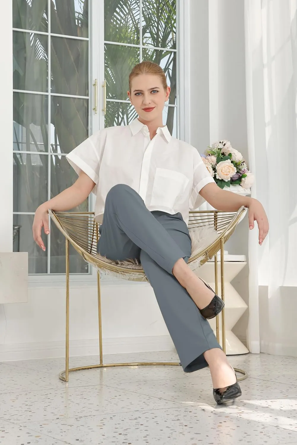 Bamans Dress Pants Women Work Business Pants Tummy Control Office Straight Leg Trousers High Waisted Ladies Slacks