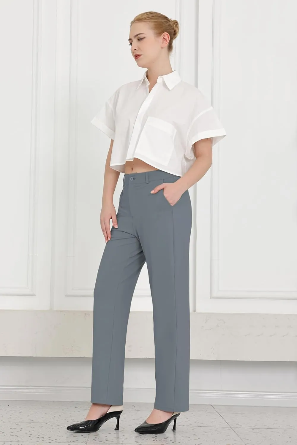 Bamans Dress Pants Women Work Business Pants Tummy Control Office Straight Leg Trousers High Waisted Ladies Slacks