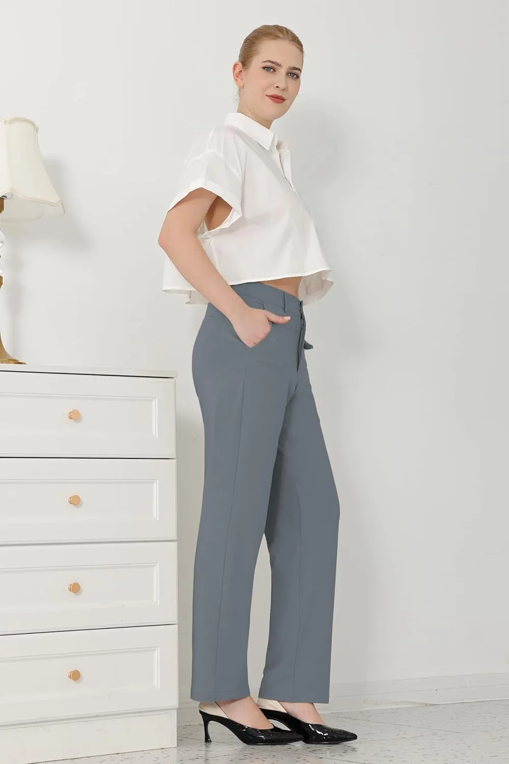 Bamans Dress Pants Women Work Business Pants Tummy Control Office Straight Leg Trousers High Waisted Ladies Slacks