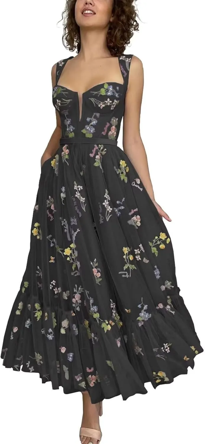 Basgute Women's Flower Embroidery Tulle Prom Dresses Tea Length Corset A Line Fairy Formal Evening Party Gown