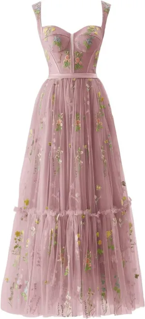 Basgute Women's Flower Embroidery Tulle Prom Dresses Tea Length Corset A Line Fairy Formal Evening Party Gown