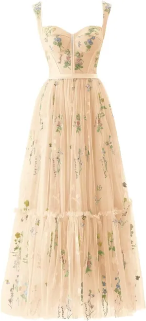 Basgute Women's Flower Embroidery Tulle Prom Dresses Tea Length Corset A Line Fairy Formal Evening Party Gown