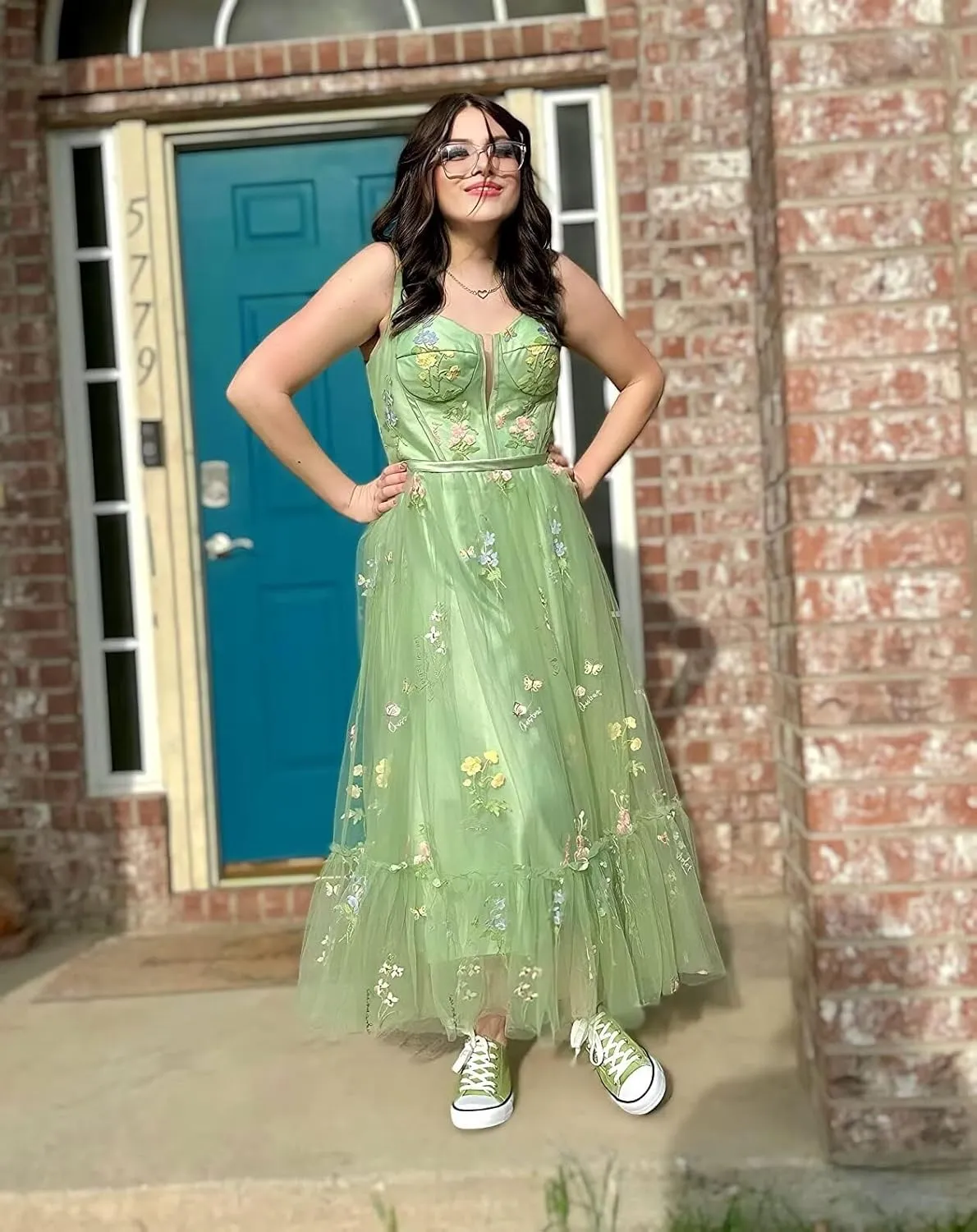 Basgute Women's Flower Embroidery Tulle Prom Dresses Tea Length Corset A Line Fairy Formal Evening Party Gown