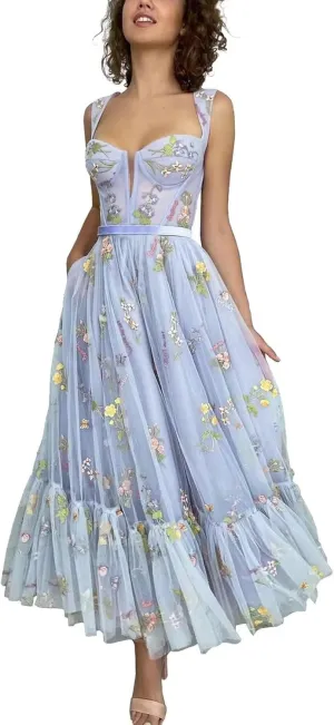 Basgute Women's Flower Embroidery Tulle Prom Dresses Tea Length Corset A Line Fairy Formal Evening Party Gown