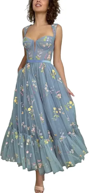Basgute Women's Flower Embroidery Tulle Prom Dresses Tea Length Corset A Line Fairy Formal Evening Party Gown