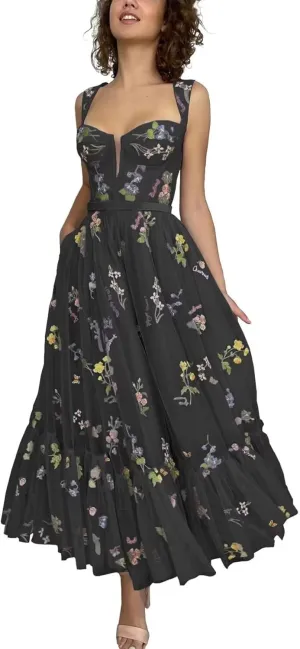 Basgute Women's Flower Embroidery Tulle Prom Dresses Tea Length Corset A Line Fairy Formal Evening Party Gown