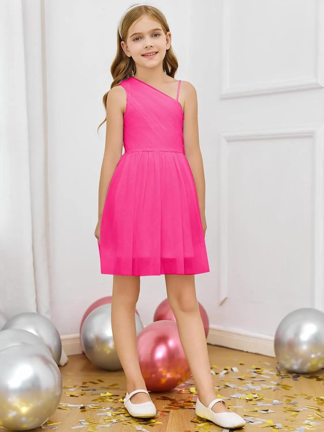 Batermoon Girls One Shoulder Dress Summer Party Graduation Semi Formal Short Dresses 5-14 Years