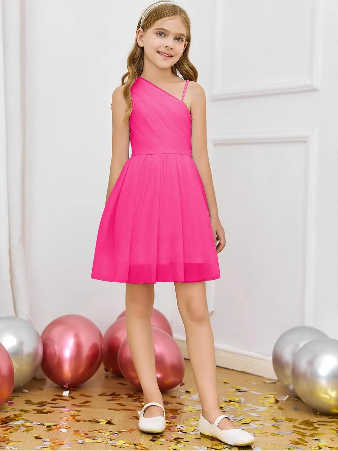 Batermoon Girls One Shoulder Dress Summer Party Graduation Semi Formal Short Dresses 5-14 Years