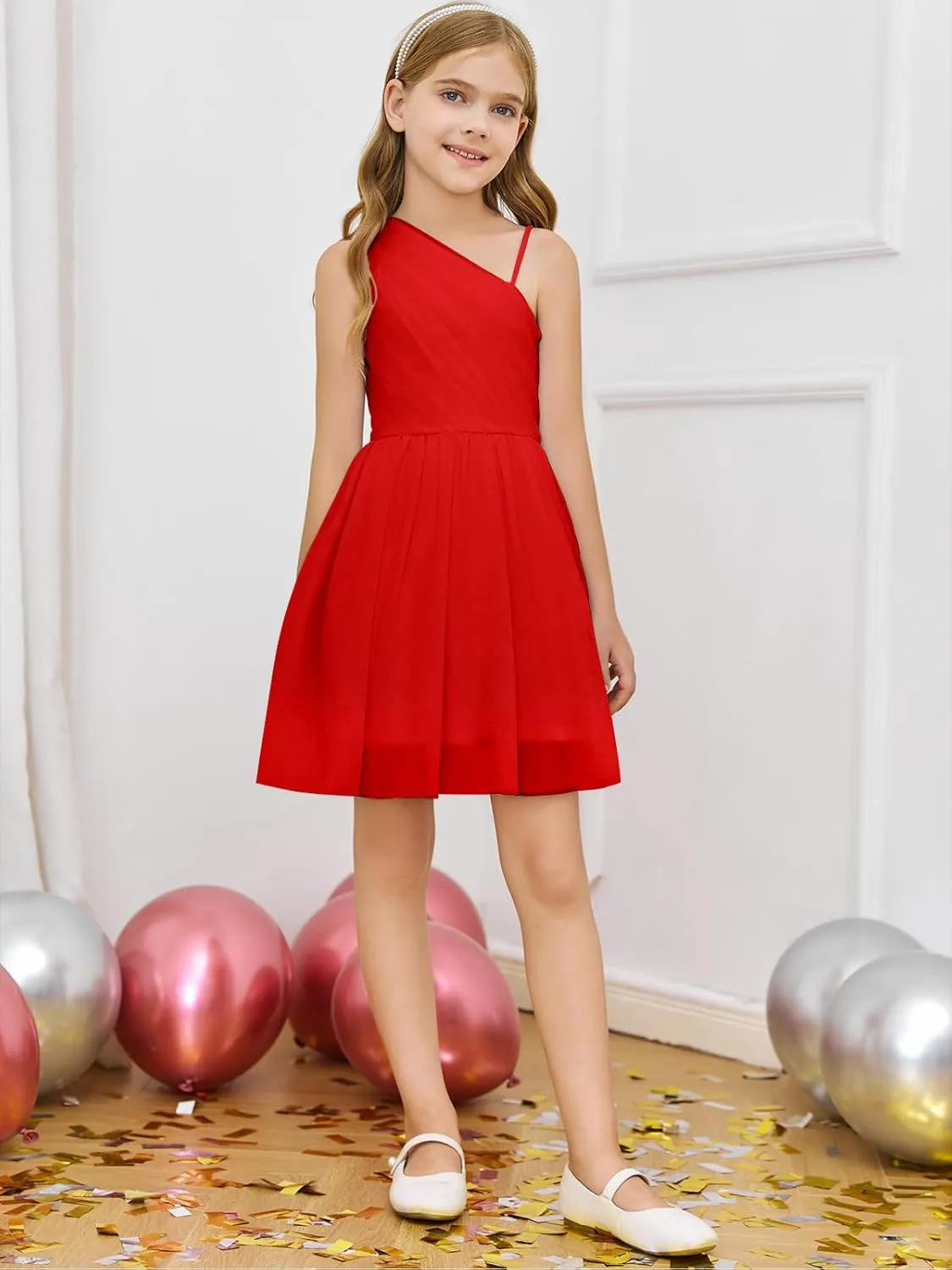 Batermoon Girls One Shoulder Dress Summer Party Graduation Semi Formal Short Dresses 5-14 Years