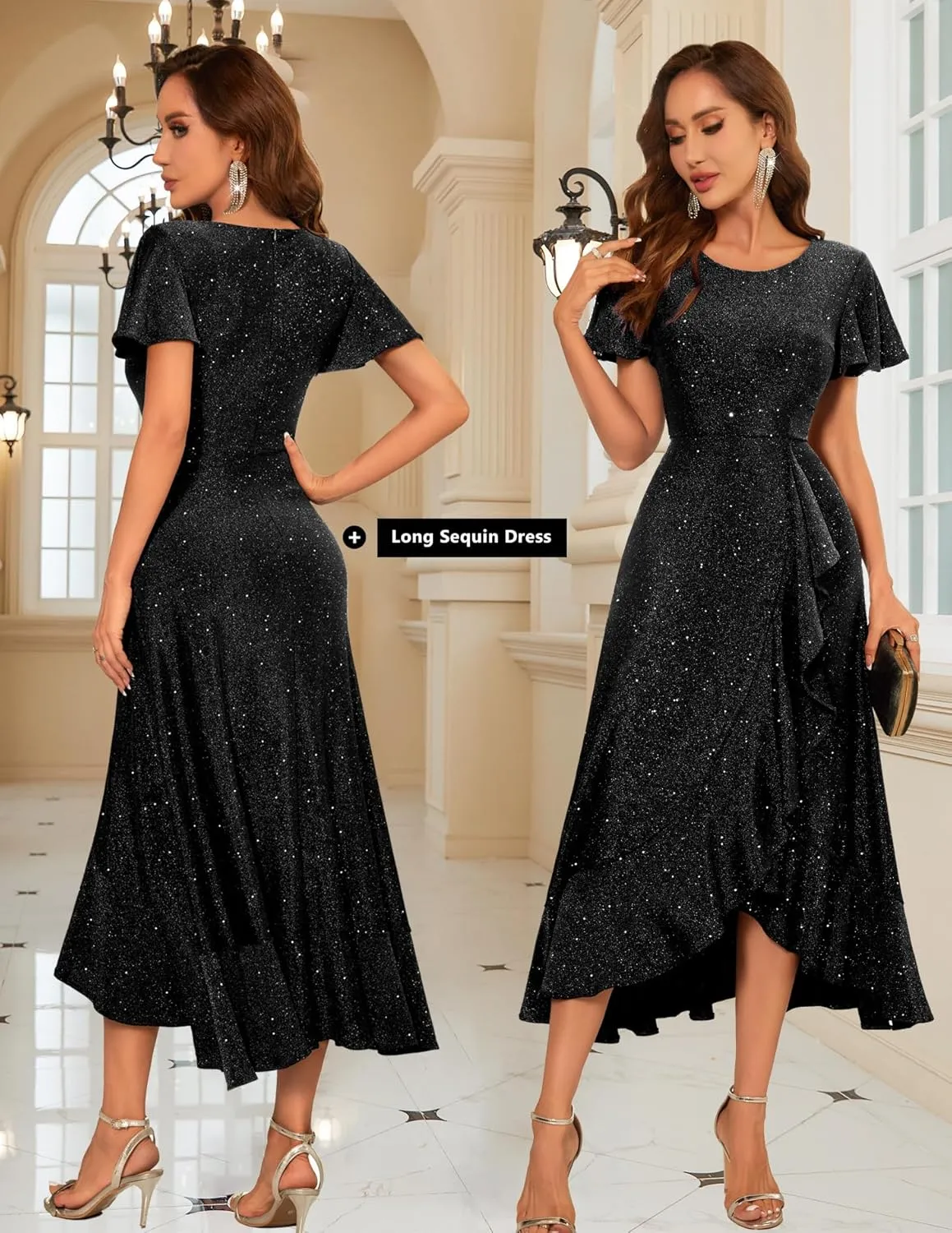 BeryLove Women Sequin Formal Party Dress Flutter Short Sleeve Wedding Cocktail Long Evening Dress