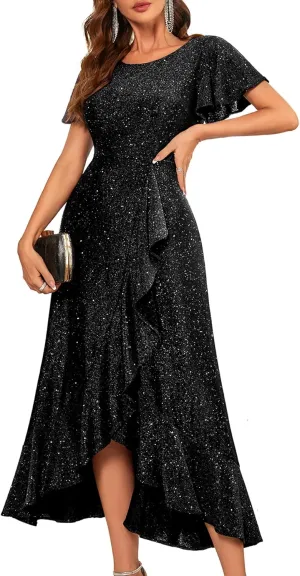 BeryLove Women Sequin Formal Party Dress Flutter Short Sleeve Wedding Cocktail Long Evening Dress