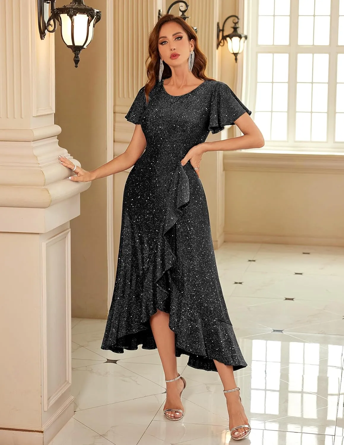 BeryLove Women Sequin Formal Party Dress Flutter Short Sleeve Wedding Cocktail Long Evening Dress