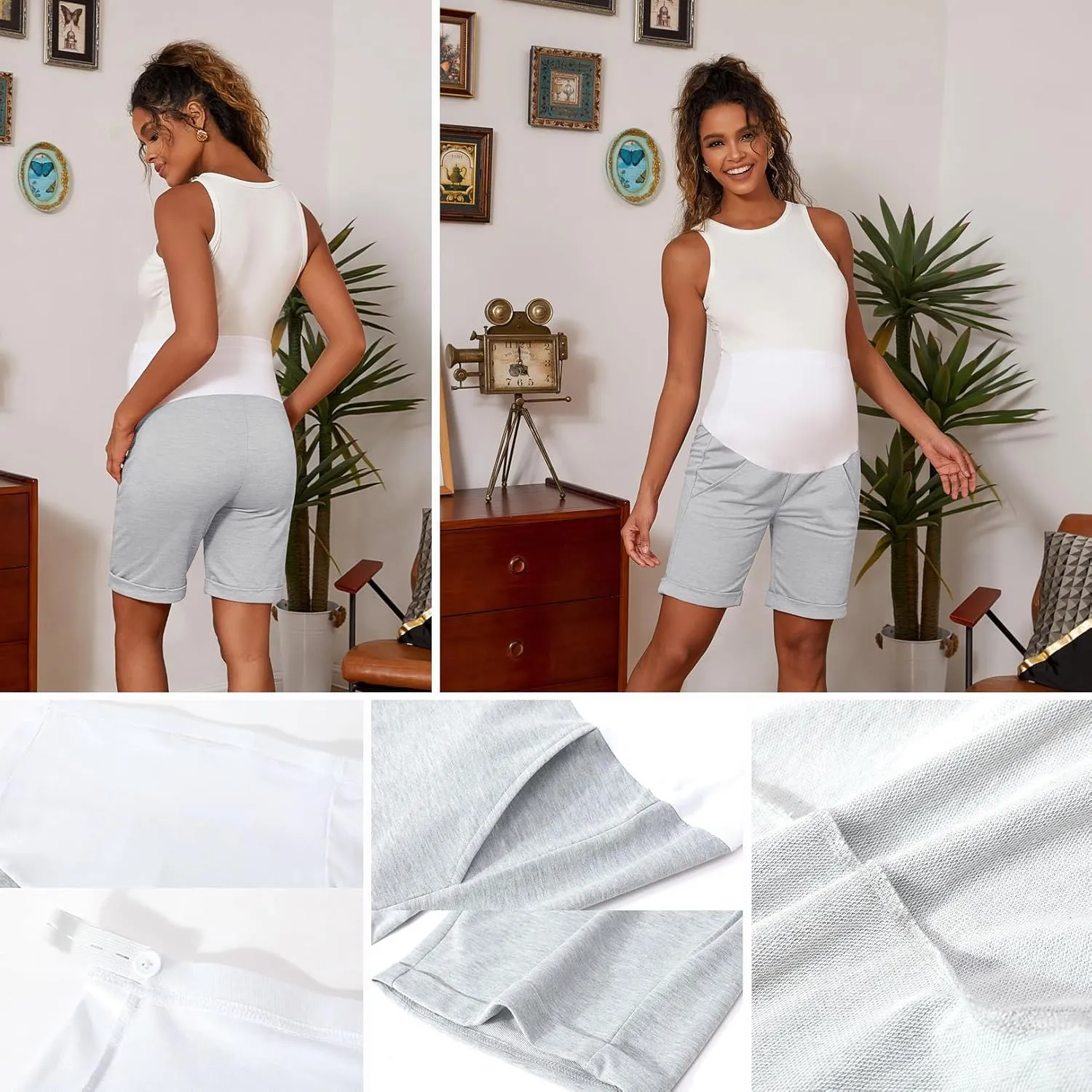 Bhome Maternity Bermuda Shorts Over The Belly Workout Loose Casual Pregnancy Pants with Pockets