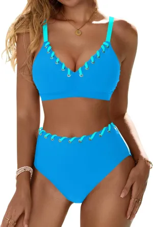 Blooming Jelly Women High Waisted Bikini Sets Color Block Two Piece Swimsuits Push Up V Neck High Cut Bathing Suit