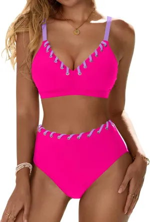 Blooming Jelly Women High Waisted Bikini Sets Color Block Two Piece Swimsuits Push Up V Neck High Cut Bathing Suit